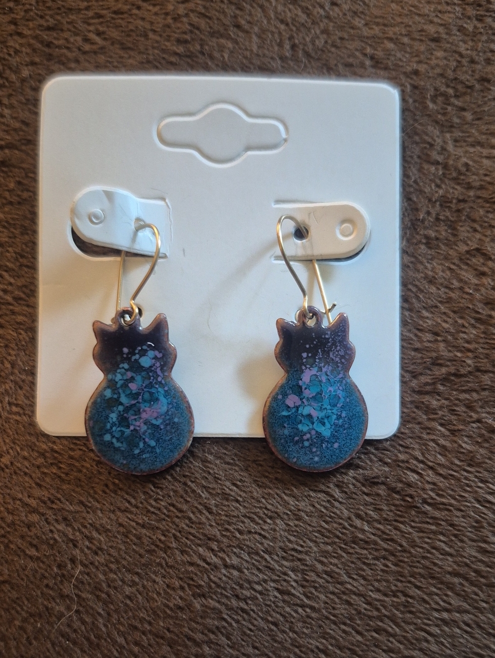 Vintage Copper Vitreous Enamel Cat Silhouette Dangle Earrings